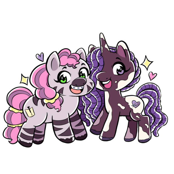 Size: 1005x1005 | Tagged: safe, artist:shauna j. grant, derpibooru import, violette rainbow, pony, unicorn, zebra, g5, best friends, braces, dreadlocks, duo, duo female, female, filly, floating heart, foal, hair over one eye, heart, horn, image, looking at you, open mouth, open smile, png, simple background, skye, smiling, sparkles, sparkly eyes, sticker design, tail, transparent background, unshorn fetlocks, vitiligo, wingding eyes