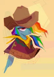 Size: 1640x2360 | Tagged: safe, artist:meowmeows, derpibooru import, rainbow dash, pegasus, pony, abstract background, cowboy, cowboy hat, cowgirl, hat, image, jpeg, solo