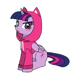 Size: 558x586 | Tagged: safe, artist:cheesesauce_45, derpibooru import, twilight sparkle, twilight sparkle (alicorn), alicorn, pony, :<, blushing, cat hoodie, clothes, cute, cutie mark, female, folded wings, g4, glare, hoodie, image, looking at you, mare, narrowed eyes, png, simple background, sitting, solo, twiabetes, twilight sparkle is not amused, unamused, white background, wings