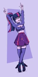 Size: 1498x3000 | Tagged: suggestive, artist:toxinagraphica, derpibooru import, twilight sparkle, human, equestria girls, breasts, clothes, female, g4, hoodie, image, png, shoes, simple background, skirt, socks, solo
