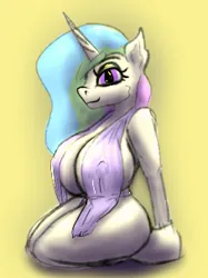 Size: 227x303 | Tagged: suggestive, artist:ismyaltaccount, derpibooru import, princess celestia, anthro, unguligrade anthro, big breasts, breasts, clothes, colored sketch, curvy, erect nipples, female, horn, huge breasts, image, looking at you, nipple outline, png, seductive, simple background, sitting, sketch, smiling, smiling at you, solo, solo female