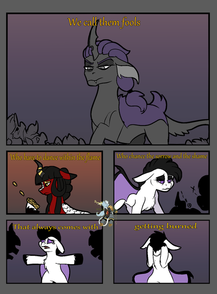 Size: 1279x1734 | Tagged: safe, artist:brainiac, derpibooru import, oc, oc:ebony inks, oc:facsimile, oc:ruby kirin, bat pony, changeling, kirin, pony, unicorn, comic:standing outside the fire, based on a song, changeling king, comic, female, garth brooks, image, male, mare, png, song reference, stallion