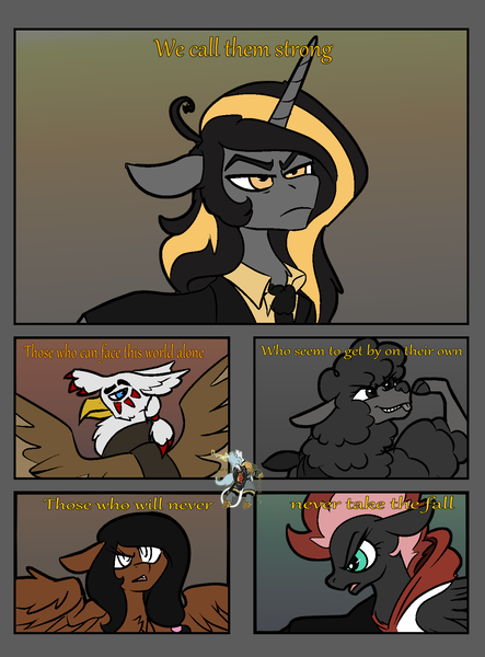 Size: 1279x1734 | Tagged: safe, artist:brainiac, derpibooru import, oc, oc:cinder blaze, oc:deedee, oc:duskclaw, oc:inner sight, oc:knick knack, alpaca, gryphon, pegasus, pony, unicorn, comic:standing outside the fire, based on a song, comic, female, garth brooks, image, male, mare, png, song reference, stallion