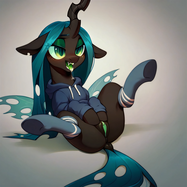 Size: 4096x4096 | Tagged: explicit, ai content, derpibooru import, machine learning generated, queen chrysalis, changeling, changeling queen, pony, clothes, cute, cute porn, female, females only, hoodie, image, mare, png, porn, prompter:twixie420, socks, solo, solo female
