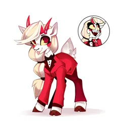 Size: 2328x2456 | Tagged: safe, artist:buvanybu, derpibooru import, ponified, goat, goat pony, hybrid, original species, pony, charlie morningstar, clothes, cloven hooves, crossover, deerified, female, hazbin hotel, hell, image, jpeg, looking at you, meta, pac-man eyes, ponytail, shadow, simple background, solo, solo female, species swap, suit, twitter, twitter link, white background