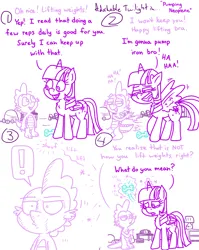Size: 4779x6013 | Tagged: safe, artist:adorkabletwilightandfriends, derpibooru import, spike, twilight sparkle, twilight sparkle (alicorn), alicorn, comic:adorkable twilight and friends, adorkable, adorkable twilight, comic, confused, cute, dork, exclamation point, exercise, exercise ball, expression, funny, happy, image, lamp, png, pointing, radio, realization, slice of life, smiling, table, weights
