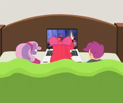 Size: 5156x4317 | Tagged: safe, derpibooru import, apple bloom, scootaloo, sweetie belle, equestria girls, bed, computer, g4, image, laptop computer, png, resting, solo