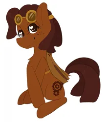 Size: 1119x1280 | Tagged: safe, artist:oddends, derpibooru import, oc, oc:ramaon cogwright, unofficial characters only, earth pony, pony, brown eyes, brown mane, dreadlocks, female, freckles, goggles, goggles on head, image, jpeg, simple background, sketch, smiling, solo, steampunk, white background