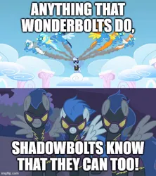 Size: 500x562 | Tagged: safe, derpibooru import, edit, edited screencap, screencap, nightshade, soarin', spitfire, pegasus, pony, friendship is magic, sonic rainboom (episode), calling all engines!, female, flying, g4, goggles, image, jpeg, male, mare, meme, parody, shadowbolts, shadowbolts uniform, song, song in the description, song parody, song reference, spread wings, stallion, thomas and friends, thomas the tank engine, wings