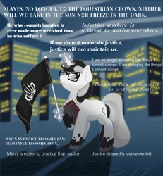 Size: 3000x3247 | Tagged: safe, artist:cadetredshirt, derpibooru import, oc, pony, unicorn, book, building, chin up, cipher, commission, determined, determined look, digital art, flag, glasses, image, magic, male, monochrome, png, proud, solo, stallion, stallion oc, tail, text, two toned coat, two toned mane, two toned tail, unshorn fetlocks