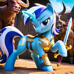 Size: 1024x1024 | Tagged: safe, ai content, derpibooru import, machine learning generated, stable diffusion, minuette, minotaur, pony, unicorn, armor, generator:pony diffusion v6 xl, generator:purplesmart.ai, gladiator, image, magic, png, sword, weapon