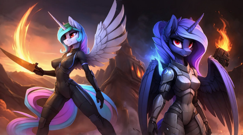 Size: 1494x829 | Tagged: questionable, ai content, derpibooru import, machine learning generated, prompter:hellfire, princess celestia, princess luna, alicorn, anthro, series:legion, armor, castle, clothes, fantasy, fire, image, night, png, red eyes, science fiction, smiling, sunrise, tight clothing