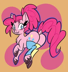 Size: 3104x3299 | Tagged: suggestive, artist:steelsoul, derpibooru import, pinkie pie, earth pony, alternate hairstyle, blushing, butt, butt focus, clothes, image, looking at you, looking back, plot, png, socks