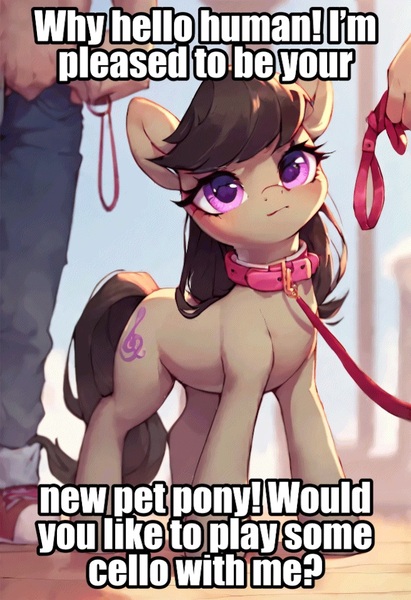 Size: 657x960 | Tagged: safe, ai content, edit, editor:undeadponysoldier, machine learning generated, ponerpics import, ponybooru import, octavia melody, earth pony, human, pony, clothes, collar, cute, female, image, jpeg, leash, looking at you, mare, partial nudity, pony pet, talking to viewer, tavibetes, text, topless