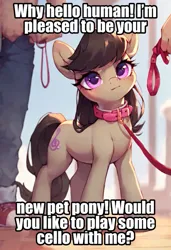 Size: 657x960 | Tagged: safe, ai content, edit, editor:undeadponysoldier, machine learning generated, ponerpics import, ponybooru import, octavia melody, earth pony, human, pony, clothes, collar, cute, female, image, jpeg, leash, looking at you, mare, partial nudity, pony pet, talking to viewer, tavibetes, text, topless
