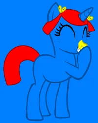 Size: 661x822 | Tagged: safe, artist:frizzlewaffle17, artist:spitfirethepegasusfan39, ponerpics import, ponified, pony, unicorn, adult blank flank, base used, blank flank, blue background, eyes closed, female, freckles, g4, giggling, hairclip, image, laughing, little miss, little miss giggles, mare, mr. men, mr. men little miss, pigtails, png, simple background, smiling, solo, yellow nose