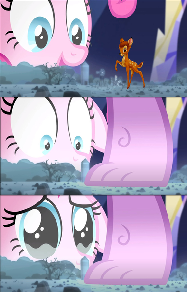 Size: 1364x2132 | Tagged: safe, derpibooru import, edit, edited screencap, screencap, pinkie pie, spike, deer, dragon, earth pony, pony, season 5, the cutie map, bambi, bambi vs godzilla, comic, crying, disney, feet, female, floppy ears, g4, godzilla, godzilla (series), image, jpeg, male, pie family home, reference, rock farm, screencap comic, solo, teary eyes