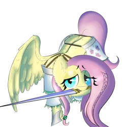 Size: 2880x2880 | Tagged: safe, artist:boneappleteeth, ponerpics import, fluttershy, pegasus, armor, armor skirt, clothes, image, one wing out, png, ponerpics fantasy community collab 2024, skirt, sword, weapon, wings