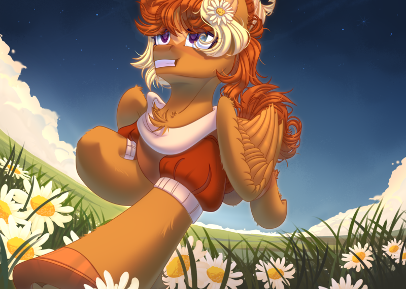Size: 3500x2500 | Tagged: safe, artist:medkit, derpibooru import, oc, oc:bailey frazer, unofficial characters only, pegasus, pony, accessory, blaze (coat marking), blue eyes, blue sky, chamomile, chamomile field, chest fluff, clothes, cloud, coat markings, colored ear fluff, colored eyebrows, colored eyelashes, colored hooves, colored pupils, complex background, ear cleavage, ear fluff, ears up, eye clipping through hair, eyebrows, eyebrows visible through hair, eyelashes, eyes open, facial markings, feathered wings, female, field, flower, flower field, flower in hair, folded wings, full body, grass, gritted teeth, hairstyle, happy, heart, high res, hoof fluff, horizon, horseshoes, image, leg fluff, lightly watermarked, long tail, mare, multicolored coat, orange and yellow mane, orange coat, orange mane, orange tail, paint tool sai 2, pegasus oc, perspective, png, raised hoof, raised leg, running, short mane, signature, smiling, solo, starry sky, stars, sternocleidomastoid, tail, teeth, two toned mane, wall of tags, watermark, wing fluff, wings