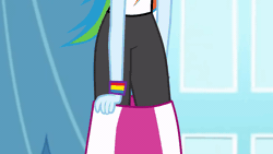 Size: 960x540 | Tagged: safe, artist:octosquish7260, derpibooru import, rainbow dash, human, equestria girls, animated, clothes, female, g4, gif, image, legs, pulling, skirt, solo, wristband