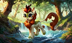 Size: 5120x3072 | Tagged: safe, ai content, derpibooru import, machine learning generated, prompter:kluknawa235, stable diffusion, autumn blaze, kirin, ear fluff, forest, g4, generator:pony diffusion v6 xl, generator:purplesmart.ai, image, jpeg, nature, river, smiling, splash, tree, water