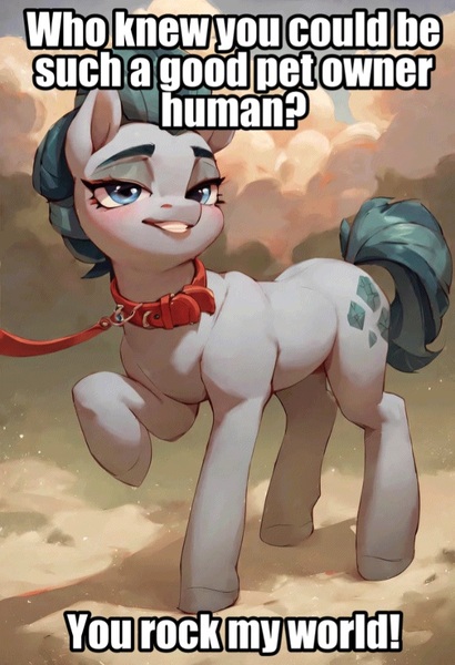 Size: 656x960 | Tagged: safe, ai content, edit, editor:undeadponysoldier, machine learning generated, ponerpics import, ponybooru import, cloudy quartz, earth pony, pony, collar, compliment, cute, female, image, implied human, impressed, jpeg, leash, looking at you, mare, pet, pony pet, pun, talking to viewer