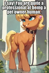 Size: 656x960 | Tagged: safe, ai content, edit, editor:undeadponysoldier, machine learning generated, ponerpics import, ponybooru import, ms. harshwhinny, earth pony, human, pony, collar, cute, female, image, implied human, jpeg, leash, mare, ms. cutewhinny, offscreen character, offscreen human, pet, pony pet, solo