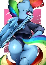 Size: 2894x4093 | Tagged: suggestive, artist:ahekao, derpibooru import, rainbow dash, anthro, pegasus, angry, ass, butt, clothes, female, image, jacket, leather, leather jacket, looking at you, looking back, looking back at you, older, older rainbow dash, png, rainbutt dash, rear view, solo, solo female, the ass was fat, tight clothing