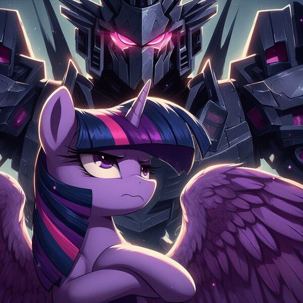 Size: 1024x1024 | Tagged: prompter needed, safe, ai content, derpibooru import, machine learning generated, twilight sparkle, twilight sparkle (alicorn), alicorn, pony, robot, badass, crossed arms, female, generator:dall-e 3, gundam, image, jpeg, mare, pose, solo, solo female