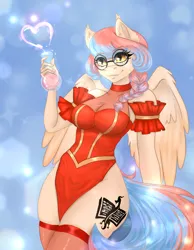 Size: 932x1200 | Tagged: suggestive, artist:jerraldina, derpibooru import, oc, oc:dracey, anthro, pegasus, braid, breasts, cleavage, clothes, commission, female, glasses, image, love potion, pegasus oc, png, single fang, socks, solo, solo female, thigh highs, wings, ych result