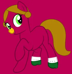 Size: 1067x1100 | Tagged: safe, artist:raini-bases, artist:spitfirethepegasusfan39, ponerpics import, ponified, earth pony, pony, adult blank flank, base used, blank flank, clothes, female, g4, helpful, image, little miss, little miss helpful, magenta background, mare, mr. men, mr. men little miss, open mouth, open smile, png, raised hoof, raised leg, shoes, simple background, smiling, solo