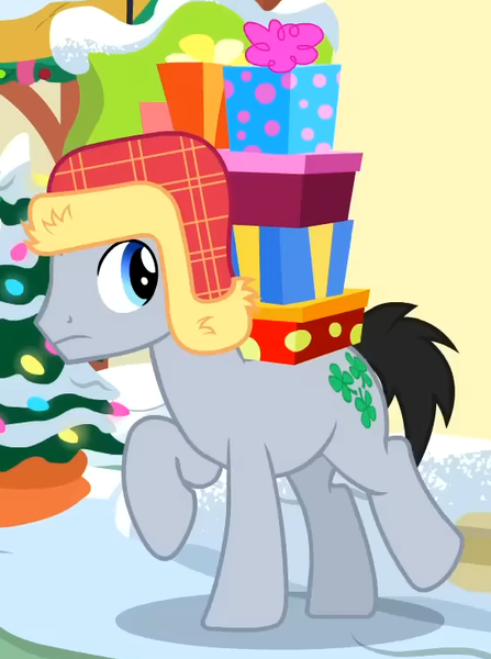 Size: 547x735 | Tagged: safe, derpibooru import, screencap, lucky clover, earth pony, pony, best gift ever, background pony, carrying, cropped, g4, hat, image, male, png, present, raised hoof, solo, stallion, walking
