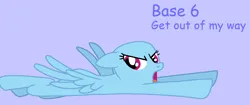 Size: 1277x538 | Tagged: safe, artist:howardthebrony38, ponerpics import, pegasus, pony, griffon the brush off, season 1, angry, bald, base, female, flying, frown, g4, image, lavender background, mare, ms paint, narrowed eyes, png, purple text, simple background, solo, talking, text, trace