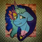 Size: 1440x1440 | Tagged: safe, artist:raritylover152, derpibooru import, pony, unicorn, g5, my little pony: make your mark, bust, female, floppy ears, freckles, horn, image, jewelry, jpeg, looking sideways, mare, masquerade mask, medallion, misty brightdawn, my little pony: make your mark chapter 4, necklace, nervous, portrait, solo, the manesquerade ball, traditional art