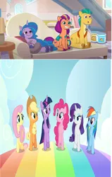 Size: 749x1178 | Tagged: safe, derpibooru import, applejack, fluttershy, hitch trailblazer, izzy moonbow, pinkie pie, rainbow dash, rarity, sunny starscout, twilight sparkle, twilight sparkle (alicorn), alicorn, earth pony, pegasus, pony, unicorn, all bottled up, g5, my little pony: tell your tale, season 7, sisters take flight, spoiler:g5, spoiler:my little pony: tell your tale, spoiler:tyts01e03, best friends until the end of time, female, g4, image, jpeg, male, mane six, mare, meta, stallion, watching tv