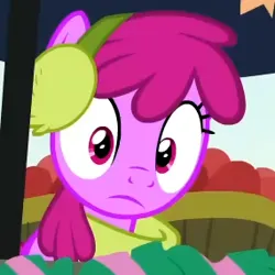 Size: 285x285 | Tagged: safe, derpibooru import, screencap, berry punch, berryshine, earth pony, pony, best gift ever, clothes, cropped, earmuffs, female, frown, g4, image, looking at someone, mare, png, reaction image, scarf, solo, wide eyes, winter outfit
