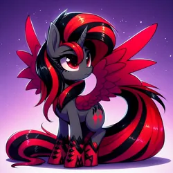 Size: 1024x1024 | Tagged: safe, ai content, derpibooru import, machine learning generated, prompter:pawels, oc, unnamed oc, unofficial characters only, alicorn, pony, alicorn oc, boots, clothes, donut steel, edgy, full body, generator:bing image creator, generator:dall-e 3, gradient background, horn, image, jpeg, red and black oc, shadow, shoes, solo, spread wings, tail, two toned mane, two toned tail, wings
