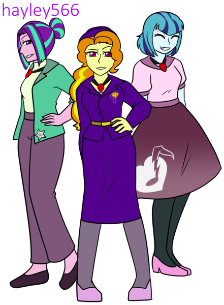 Size: 1660x2260 | Tagged: safe, artist:hayley566, derpibooru import, adagio dazzle, aria blaze, sonata dusk, equestria girls, 1950s, 50's fashion, 50s, alternate hairstyle, belt, clothes, commission, dress, eyes closed, fedora, female, flats, g4, gem, grin, hat, high heels, image, pants, png, shirt, shoes, simple background, siren gem, skirt, smiling, socks, stockings, suit, the dazzlings, thigh highs, transparent background, trio, trio female