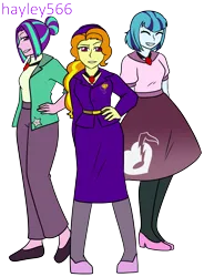 Size: 1660x2260 | Tagged: safe, artist:hayley566, derpibooru import, adagio dazzle, aria blaze, sonata dusk, equestria girls, 1950s, 50's fashion, 50s, alternate hairstyle, belt, clothes, commission, dress, eyes closed, fedora, female, flats, g4, gem, grin, hat, high heels, image, pants, png, shirt, shoes, simple background, siren gem, skirt, smiling, socks, stockings, suit, the dazzlings, thigh highs, transparent background, trio, trio female