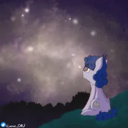 Size: 3000x3000 | Tagged: safe, artist:juniverse, derpibooru import, oc, unofficial characters only, earth pony, pony, commission, grass, image, looking up, mountain, night, night stars, png, scenery, sitting, sky nigt, solo, stars