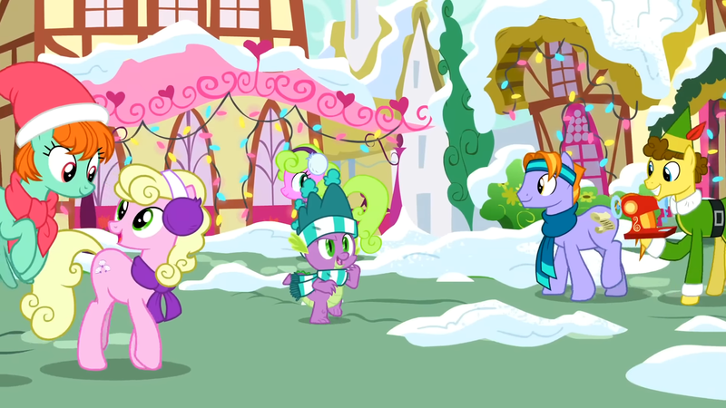 Size: 1920x1080 | Tagged: safe, derpibooru import, screencap, auburn vision, budding pine, buddy the elf, daisy, flower wishes, millie, peppermint goldylinks, spike, dragon, earth pony, pegasus, pony, best gift ever, background pony, clothes, earmuffs, female, friendship student, g4, headband, image, male, mare, movie reference, png, ponyville, scarf, sewing machine, snow, stallion, winged spike, wings, winter