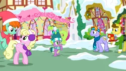 Size: 1920x1080 | Tagged: safe, derpibooru import, screencap, auburn vision, budding pine, buddy the elf, daisy, flower wishes, millie, peppermint goldylinks, spike, dragon, earth pony, pegasus, pony, best gift ever, background pony, clothes, earmuffs, female, friendship student, g4, headband, image, male, mare, movie reference, png, ponyville, scarf, sewing machine, snow, stallion, winged spike, wings, winter