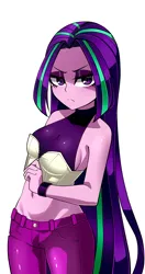 Size: 1600x3034 | Tagged: safe, artist:nekojackun, derpibooru import, aria blaze, equestria girls, alternate hairstyle, angry, bare shoulders, belly button, breasts, busty aria blaze, clothes, eyeshadow, female, frown, g4, image, intimidating, long hair, looking at you, makeup, midriff, pants, png, scowl, sideboob, simple background, solo, unzipping, white background, wristband