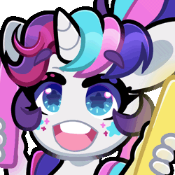 Size: 1000x1000 | Tagged: safe, artist:partypievt, derpibooru import, oc, oc:party pie, anthro, pony, unicorn, animated, chibi, cute, emote, emoticon, eyebrows, facial markings, female, fingers, gif, glowstick, hand, image, mare, ocbetes, ponytail, rave, smiling, solo, streamers, twitch, vtuber, wingding eyes