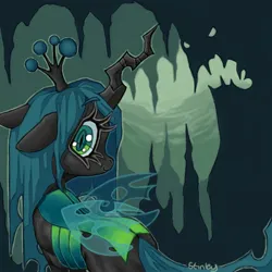 Size: 2000x2000 | Tagged: safe, artist:stinkiit, derpibooru import, queen chrysalis, changeling, changeling queen, cave, female, image, jpeg, looking at you, looking back, looking back at you, signature, smiling, smiling at you, solo