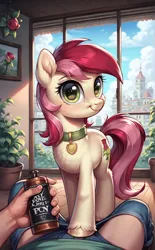 Size: 952x1536 | Tagged: suggestive, ai content, derpibooru import, machine learning generated, stable diffusion, roseluck, earth pony, human, pony, clothes, cute, g4, generator:pony diffusion v6 xl, image, lube, offscreen character, panties, pants, pants down, pet play, png, pov, prompter:ruberoid, underwear, weapons-grade cute