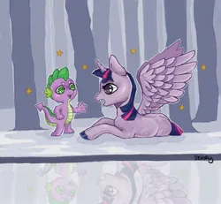 Size: 1999x1848 | Tagged: safe, artist:stinkiit, derpibooru import, spike, twilight sparkle, twilight sparkle (alicorn), alicorn, dragon, pony, duo, duo male and female, female, image, jpeg, lying down, male, mare, prone, reflection, spread wings, wings