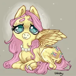 Size: 2000x2000 | Tagged: safe, artist:stinkiit, derpibooru import, fluttershy, pegasus, pony, beige background, big eyes, cute, eyebrows, eyebrows visible through hair, female, g4, high res, image, jewelry, jpeg, looking at you, lying down, mare, necklace, partially open wings, pearl necklace, prone, shyabetes, simple background, smiling, smiling at you, solo, wings