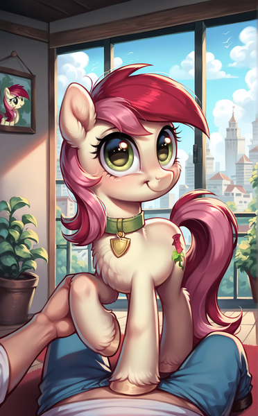 Size: 952x1536 | Tagged: safe, ai content, derpibooru import, machine learning generated, stable diffusion, roseluck, human, pony, cute, g4, generator:pony diffusion v6 xl, image, offscreen character, pet play, png, pov, prompter:ruberoid, weapons-grade cute