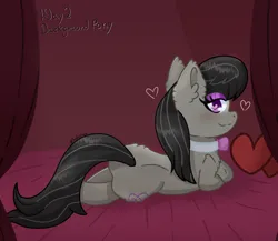 Size: 2500x2165 | Tagged: safe, artist:bubblegooey, derpibooru import, octavia melody, earth pony, pony, art challenge, back, bed, bedroom eyes, behind, black hair, blushing, bow, bowtie, chest fluff, collar, crossed hooves, curtains, cute, ear fluff, eyeshadow, female, floating heart, fluffy, g4, gray coat, heart, heart eyes, heart pillow, high res, hoof fluff, image, leg fluff, lidded eyes, looking at you, looking back, looking back at you, lying down, makeup, mare, pillow, png, prone, purple eyes, signature, smiling, smiling at you, solo, sultry pose, tavibetes, text, wingding eyes